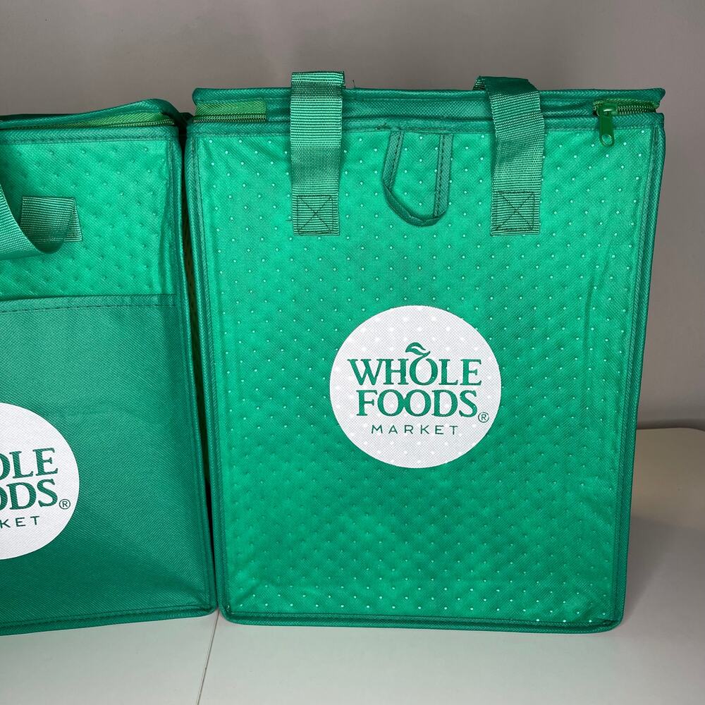 Set of 2! Whole Foods Market Green White Insulated Hot Cold Cooler Tote Bag NEW! - Picture 4 of 15